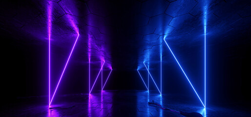 Neon Glowing Purple Blue Retro Hangar Cement Asphalt Concrete Sci Fi Futuristic Club Dark Underground Warehouse Tunnel Corridor Showcase Stage Background 3D Rendering - 783907740
