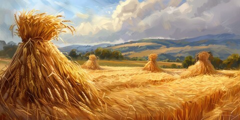 Harvesting Season: Wheat Sheaves Bundle in Golden Field for Harvest Festival and Traditional Culture  - obrazy, fototapety, plakaty