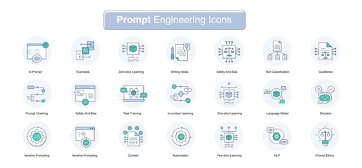 Optimizing Prompt Engineering. Icons for Ai prompt, in context learning, prompt iteration, prompt chaining, examples, few shot learning, zero shot learning, task framing, safety and bias, and more.