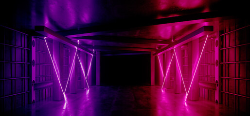Neon Warehouse Sci Fi Futuristic Grunge Purple Ultraviolet Glowing Laser Electric Concrete Stage Showroom Corridor Club Dark Tunnel Realistic Background Beams 3D Rendering - 783907934