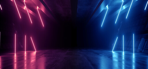 Neon Warehouse Sci Fi Futuristic Laser Purple Blue Glowing Vibrant Electric Concrete Cement Underground Showroom Tunnel Corridor Parking Grunge Asphalt 3D Rendering - obrazy, fototapety, plakaty