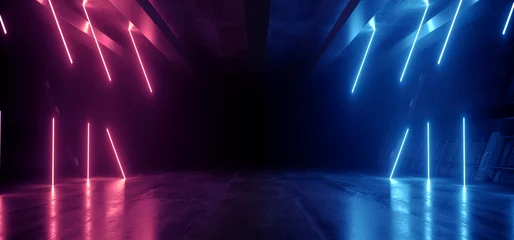 Photo sur Plexiglas Échelle de hauteur Neon Warehouse Sci Fi Futuristic Laser Purple Blue Glowing Vibrant Electric Concrete Cement Underground Showroom Tunnel Corridor Parking Grunge Asphalt 3D Rendering
