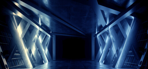 Neon Warehouse Sci Fi Futuristic Laser White Blue Glowing Vibrant Electric Concrete Cement Underground Showroom Tunnel Corridor Parking Grunge Asphalt 3D Rendering - 783907939
