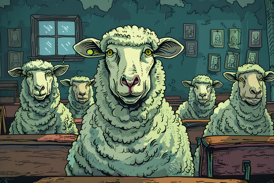 Illustration of sheep and stupid students in a classroom with AI