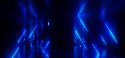 Triangle Neon Cyber Sci Fi Futuristic Retro Glowing Modern Tube Light Lasers Blue Violet Gradient Hangar Tunnel Room Grunge Garage Cement Floor Dark Stage 3D Rendering - 783908140