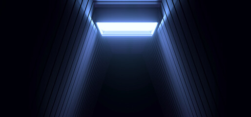 Dark Sci Fi Futuristic Cyber Stage Podium Neon Orange White Led Spotlight Glowing Triangle Modern Spaceship Tunnel Corridor Showroom Product Showcase Cinematic 3D Rendering - 783908141