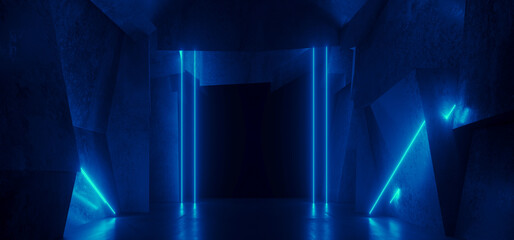 Blue Sci Fi Neon Glowing Modern Futuristic Laser Electric Cyber Lights Tunnel Hangar Corridor Concrete Cement Hallway Dark Spaceship Asphalt 3D Rendering - 783908147