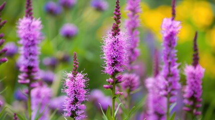 Obraz premium Outdoors with Blazing Star in Bloom: Liatris Spicata Plants in Purple Colors in Garden, Sandwich, Cape Cod, Massachusetts. Photo of Plant Reproduction