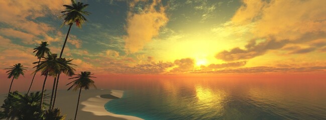 Beautiful beach with palm trees at sunset, panorama of a tropical landscape, sea sunset,
3d rendering - 783908180
