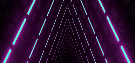 Triangle Alien Spaceship Infinity Tron Cyber Purple Glowing Tunnel Corridor Sci Fi Futuristic Dark Studio Hangar Warehouse Concrete Glossy Underground Hallway Background 3D Rendering - 783908312