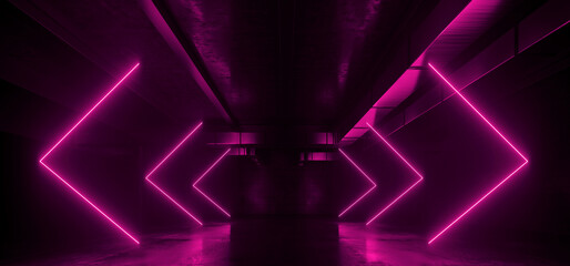 Arrow Pointer Shaped Cyber Neon Glowing Purple Lights Sci Fi Futuristic Garage Dark Tunnel Warehouse Underground Cement Concrete Grunge Tunnel Corridor Hangar 3D Rendering