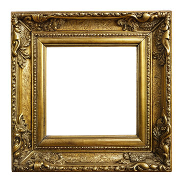An empty golden picture frame on transparent background