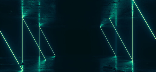 Neon Glowing Sci Fi Blue Green Lights Laser Beams Cement Grunge Concrete Underground Futuristic Warehouse Stage Club Empty Dark Cables Alien Spaceship Hallway 3D Rendering - 783908505