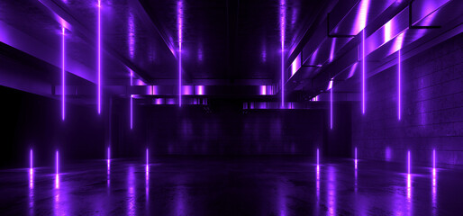 Line Shaped Neon Cyber Glowing Purple Lights Sci Fi Futuristic Garage Dark Tunnel Warehouse Underground Cement Concrete Grunge Tunnel Corridor Hangar 3D Rendering - 783908508