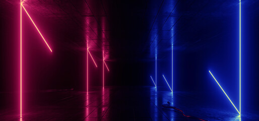 Neon Glowing Sci Fi Blue Red Lights Laser Beams Cement Grunge Concrete Underground Futuristic Warehouse Stage Club Empty Dark Cables Alien Spaceship Hallway 3D Rendering