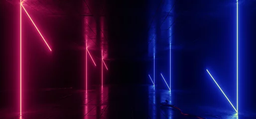 Neon Glowing Sci Fi Blue Red Lights Laser Beams Cement Grunge Concrete Underground Futuristic Warehouse Stage Club Empty Dark Cables Alien Spaceship Hallway 3D Rendering © IM_VISUALS