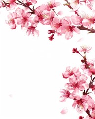 Springtime Delight: Pink Cherry Blossom Border with Sakura Tree Branch, Floral Illustrations and Nature's Blooming Beauty
