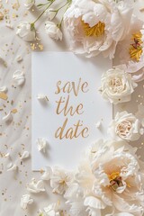 gold pressed text save the date on a textured ivory color paper with a frame of white peonies and ranunculuses and a sprinkle of gold foil confetti
