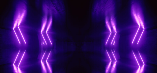 Cyber Parking Alien Spaceship Virtual Neon Sign Glowing Lasers Glowing Violet Blue Cement Basement Warehouse Tunnel Corridor Dark  Showroom Club Retro 3D Rendering - 783908715