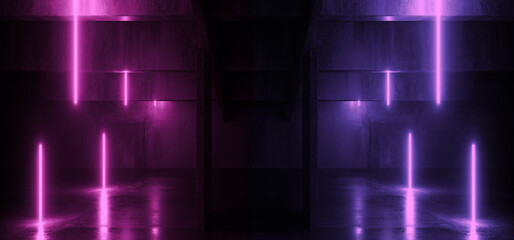 Neon Glowing Electric Sci Fi Futuristic Lights Beams On Cement Concrete Asphalt Hangar Parking Stage Showroom Dark Alien Modern Corridor Tunnel Warehouse 3D Rendering - 783908750