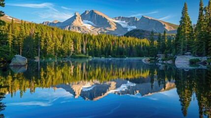 Summer Morning Panorama of Longs Peak Ridge Reflecting on Bear Lake in Rocky Mountain National Park