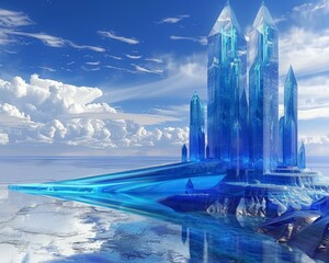 A magnificent crystal city rises from an island in the ocean, shimmering under a bright blue sky.A breathtaking fantasy landscape brought to life with digital art - obrazy, fototapety, plakaty