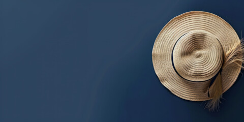 Fototapeta na wymiar Dark blue banner featuring a stylish sun hat on the side, leaving space for your message.