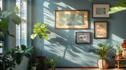 Detail shot of a gallery wall displaying framed artwork, modern interior design, scandinavian style hyperrealistic photography
