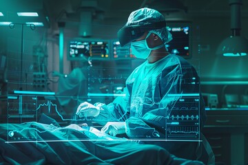 Ultra-realistic 16K image of a surgeon operating with VR technology, detailed patient vitals in a holographic blue and white interface - obrazy, fototapety, plakaty