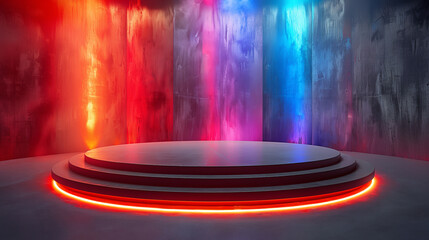 Fototapeta na wymiar A black brutalist podium for product display is set against a colorful backdrop, drawing inspiration from the mesmerizing hues of the Aurora Borealis.