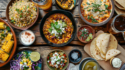 Extravagant Spread of Traditional New Mexican Cuisines on a Rustic Wooden Table