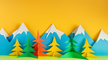 Fototapeta premium Colorful paper art forest and mountains. A creative panoramic paper art of a forest with bright colored trees against white mountains and a backdrop. Great for christmass postcard design inspiration