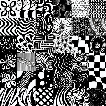 A black and white pattern composed of various zentangle designs, Generative AI