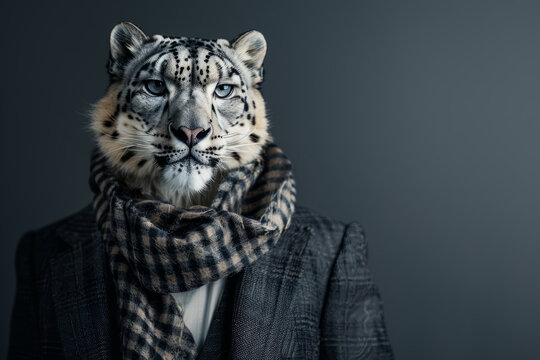 Snow leopard in a sleek business suit paired with a fashionable scarf, exuding an air of mystery and elegance in a high-end fashion photoshoot.