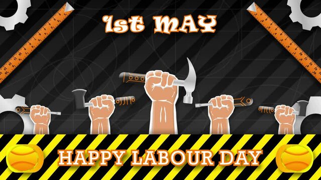 Happy labour day animation with hand holding tools and safety halmet. concept for may day workers day.
