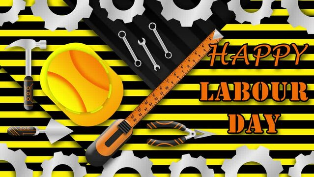 Labour day wishes in unique way with labour tools and safety halmet. Happy labour day concept animation.