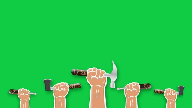 Concept showing the strength of workers union and labour day concept with hand holding tools on green screen