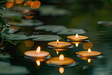 Floating candles in a serene pond at twilight magical reflections