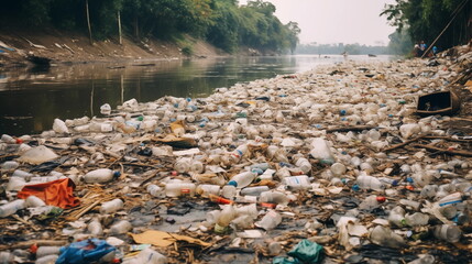 Obraz premium Polluted river in plastic bottles. Poor culture of consumption to achieve the progress of modern civilization gives a negative impact on the surrounding nature. Ecological catastrophe.