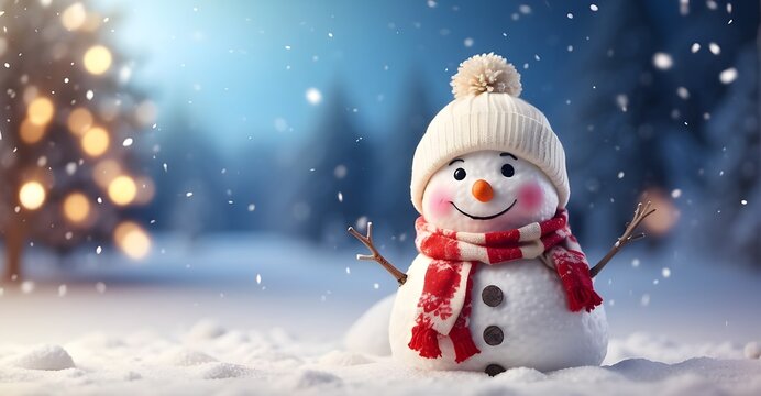 A cheerful snowman stands tall amidst a winter wonderland, adorned with a festive scarf and a jaunty hat. His smiling face reflects the joy of the holiday season, bringing warmth and happiness to all 