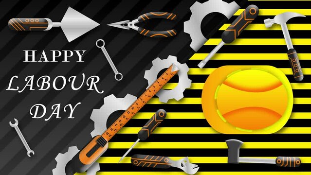 First may international workers day animation with labour tools and safety halmet. Happy labour day greetings.