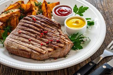 Grilled beef sirloin steak with baked potatoes on wooden table
