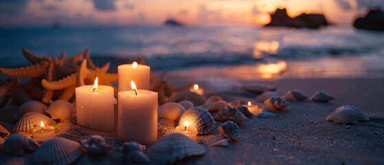 Serene Beach Sunset with Candles and Shells Romantic Ambiance