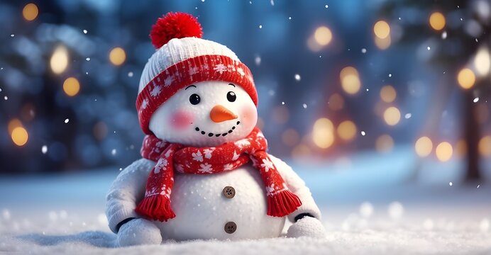 A cheerful snowman stands tall amidst a winter wonderland, adorned with a festive scarf and a jaunty hat. His smiling face reflects the joy of the holiday season, bringing warmth and happiness to all 