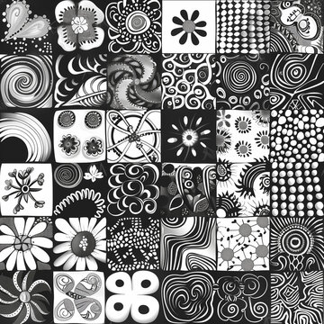 A black and white pattern composed of various zentangle designs, Generative AI
