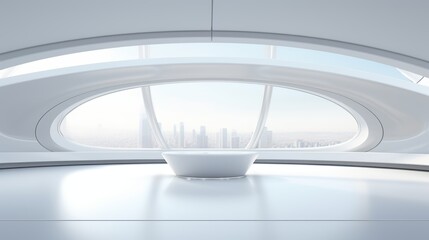 Futuristic office interior with a wide open space and a white mock-up wall, designed for high-resolution 4k corporate or creative presentations, minimalist and bright.