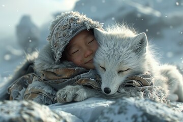 Imagine a delighted Garifuna child cuddling a fluffy arctic fox amidst the icy landscape of the polar tundra, their bond warming the frozen wilderness with pure love and joy