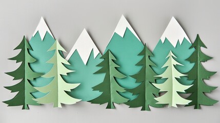 Obraz premium Colorful paper art forest and mountains. A creative panoramic paper art of a forest with bright colored trees against white mountains and a backdrop. Great for christmass postcard design inspiration