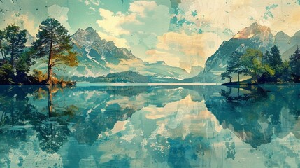 Reflecting islands in a serene lake, mirroring the sky.clippings, decoupage, screen print, popart, contemporary art - obrazy, fototapety, plakaty