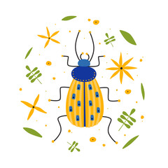 Cartoon yellow beetle among leaves and flowers vector flat illustration. Funny insect with long antennae on white isolated background. Template for use in design, textiles, books, packaging.
